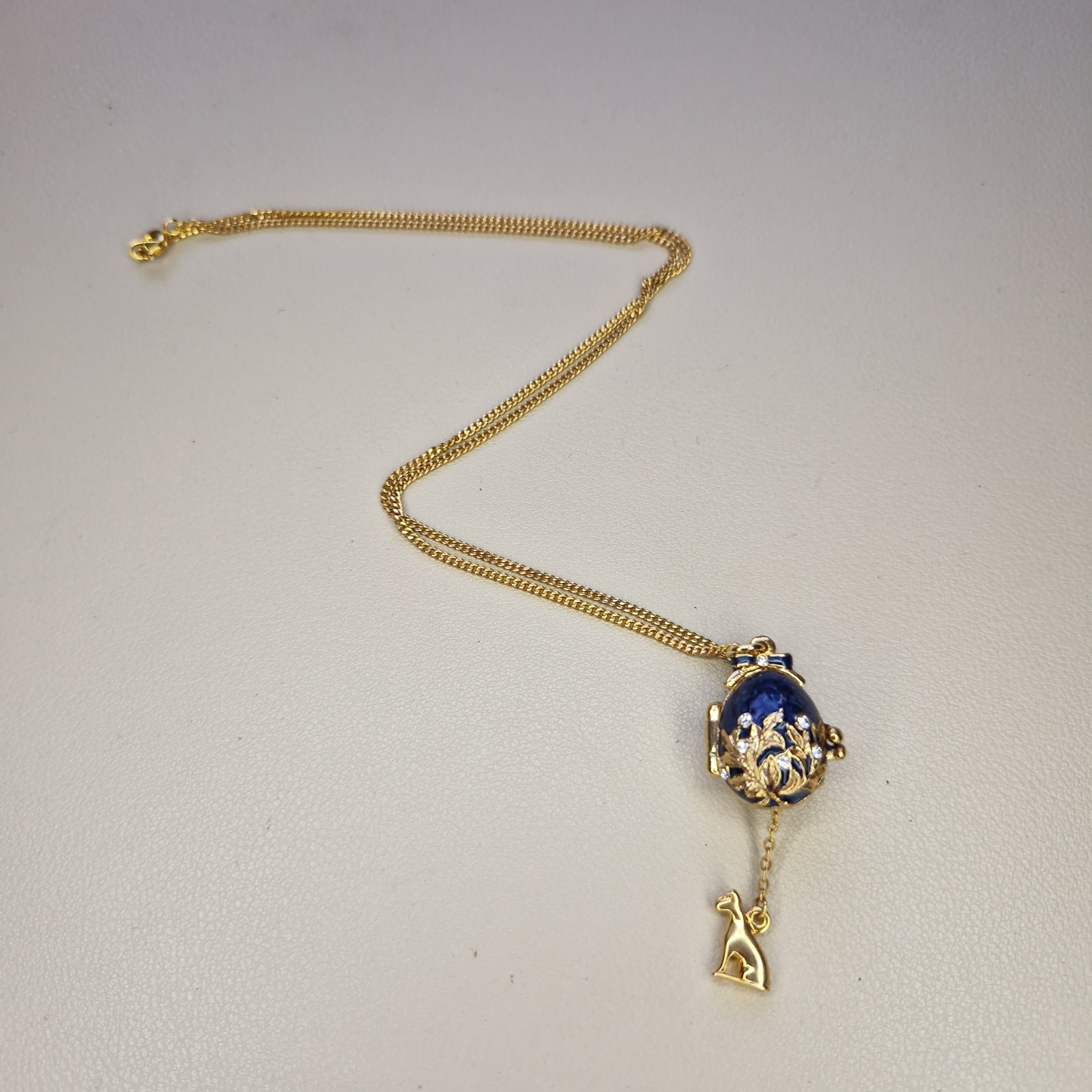 Enamel Easter Egg Locket Necklace Dangly Hidden Charm Sphix Jeweled Louvre 46cm