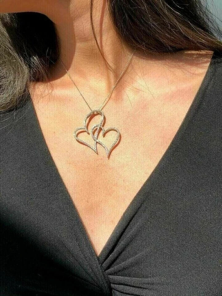 2Ct VVS1 Round Cut Diamond Large Double Open Heart Pendant 14K White Gold Plated