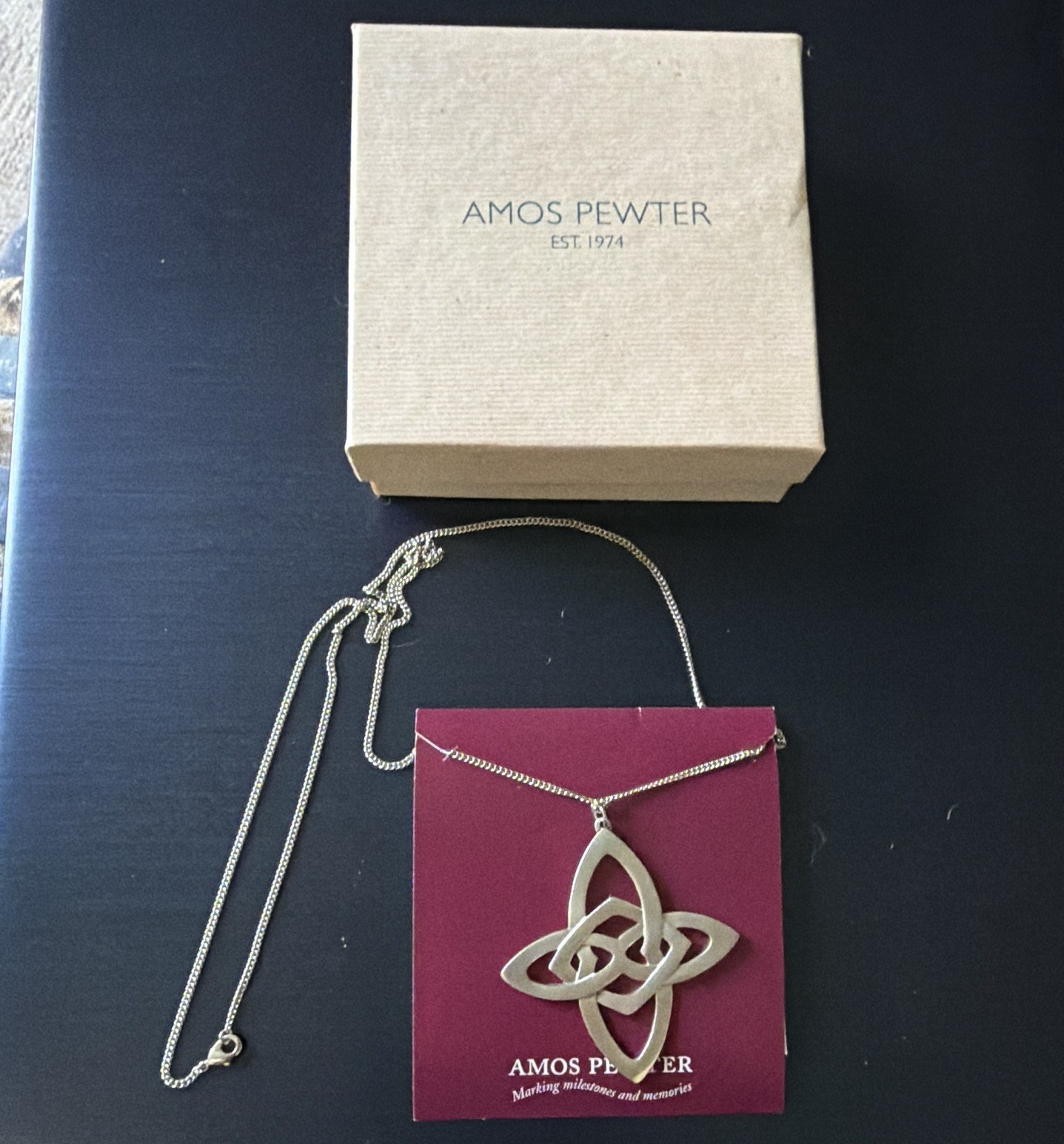 Amos Pewter Silver Pewter Celtic Knot Pendant Necklace Cable Chain Spring Ring
