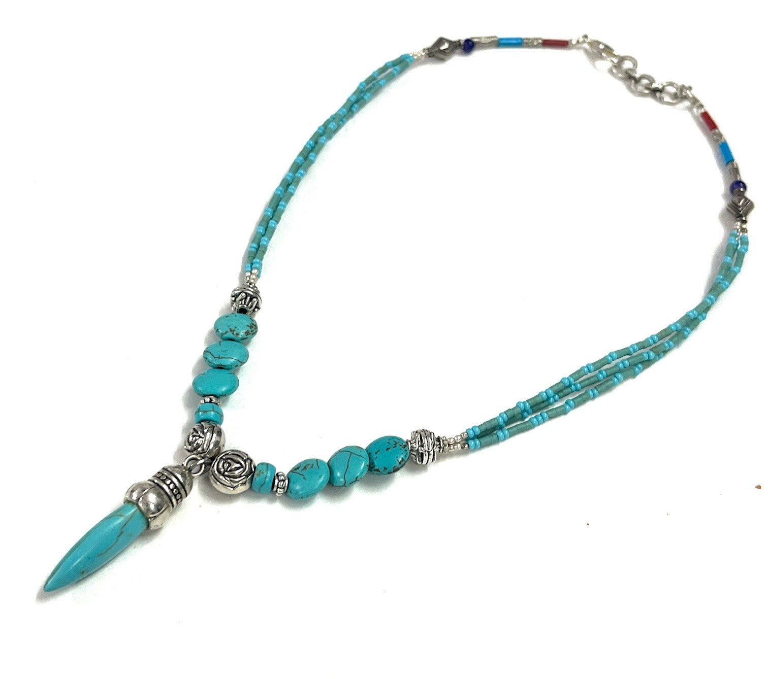 Ethnic Turquoise Gemstone Nepalese Statement Necklace Jewelry, 18 inch