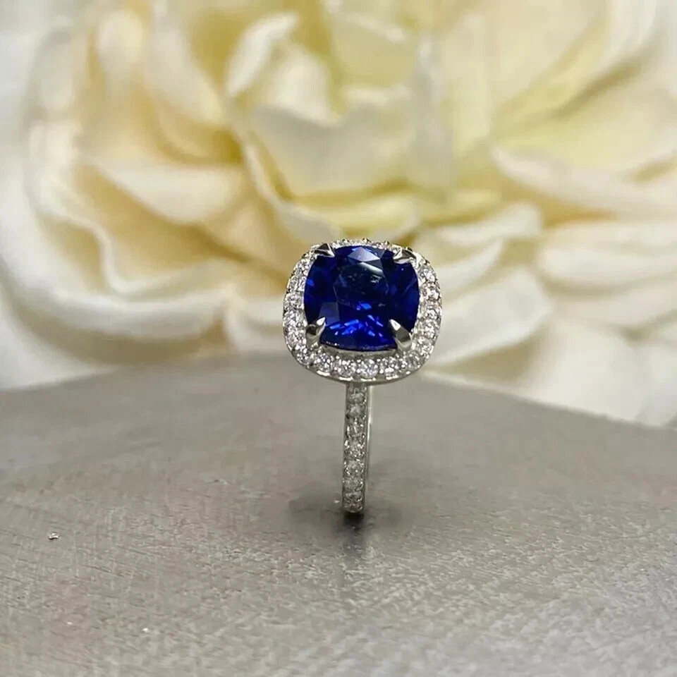 2.40 Ct Natural Blue Sapphire Diamond Engagement Ring 14K White Gold Size 8.5