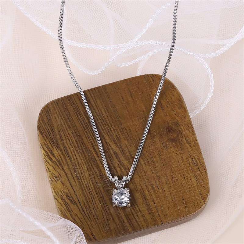 Women’s 4‑Prong Single CZ Pendant Necklace Silver Plated Square Box Chain Choker