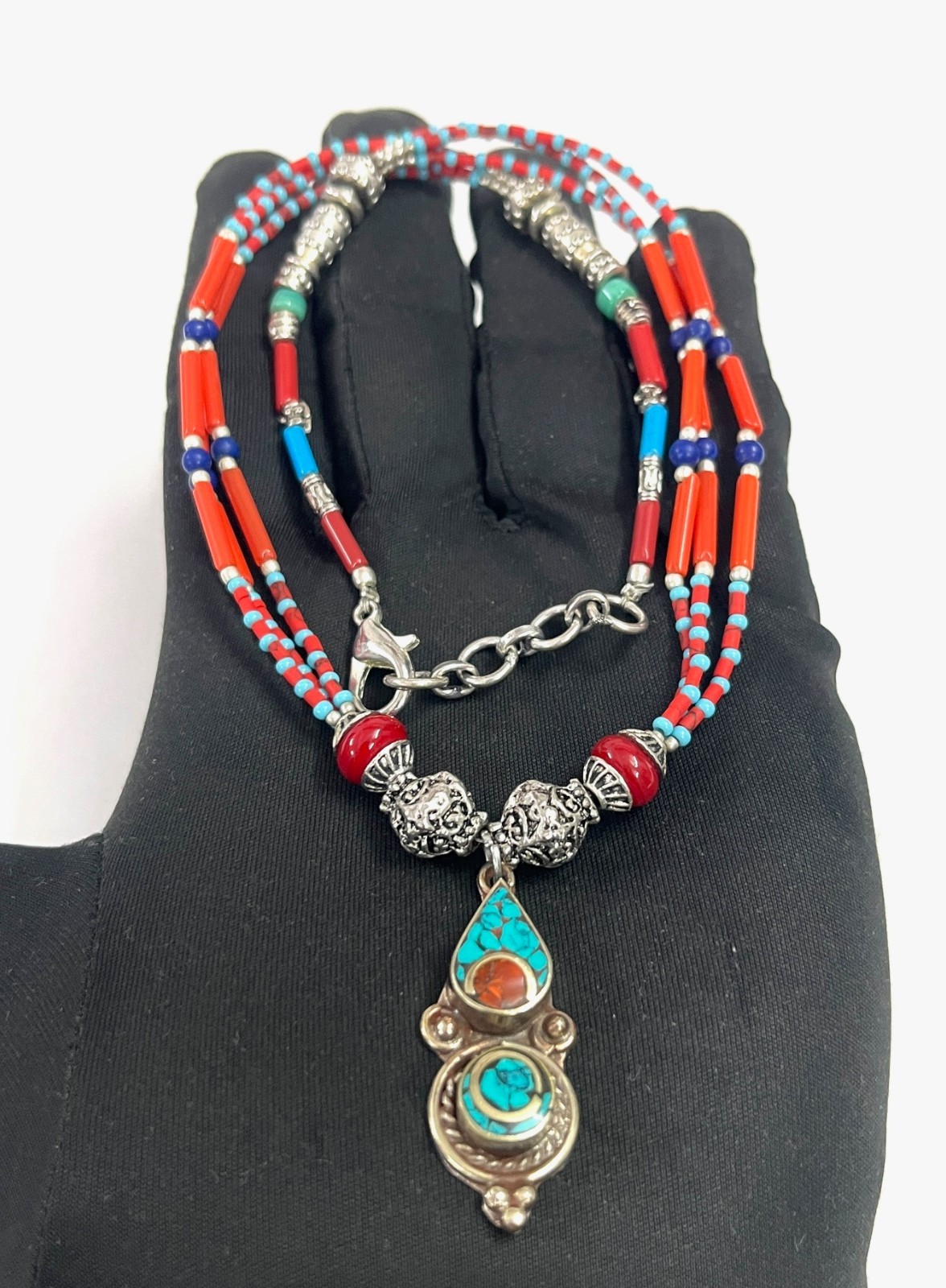 Art Deco Red Coral Turquoise Gemstone Tibetan Necklace Jewelry, 16 inch Adjust