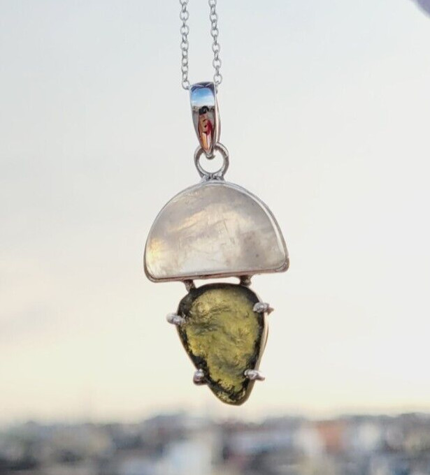 Moldavite & Rainbow Moonstone 925 Silver Pendant Handmade Multi Stones Pendant