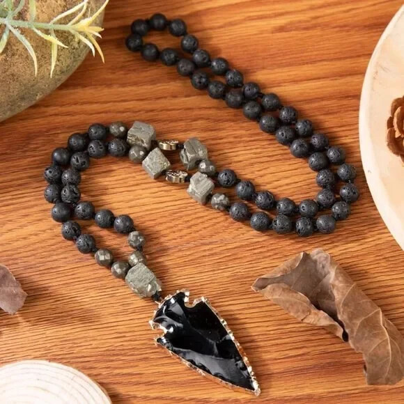 Lava Obsidian Mala Healing Amulet Protection Unisex Pendant Necklace