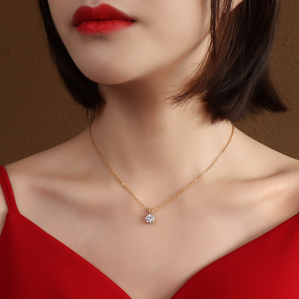 Woman Classic 18K Gold Plated Stainless Steel CZ Pendant Necklace 15.7-17.7”