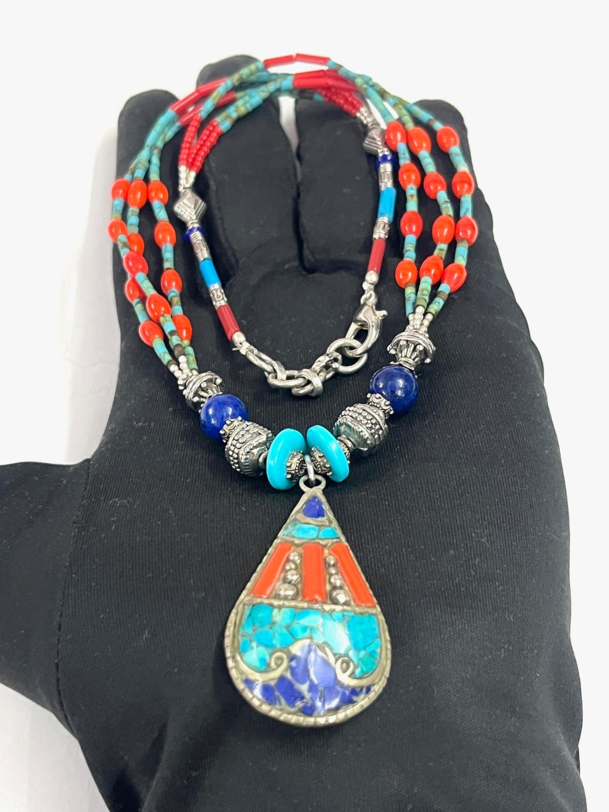 Antique Coral Turquoise Gemstone Tibetan Art Deco Necklace Jewelry, 18 inch Adju