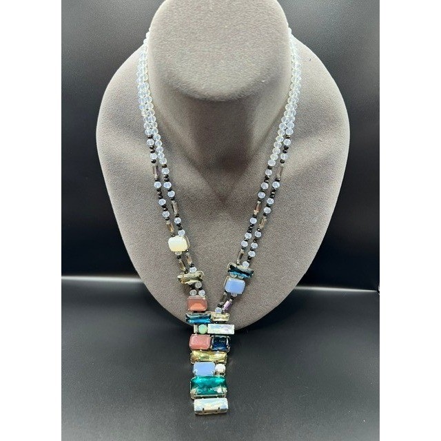 Rare Vtg J Crew Mixed Crystal Sea Glass Statement Necklace Asymmetric Iridescent