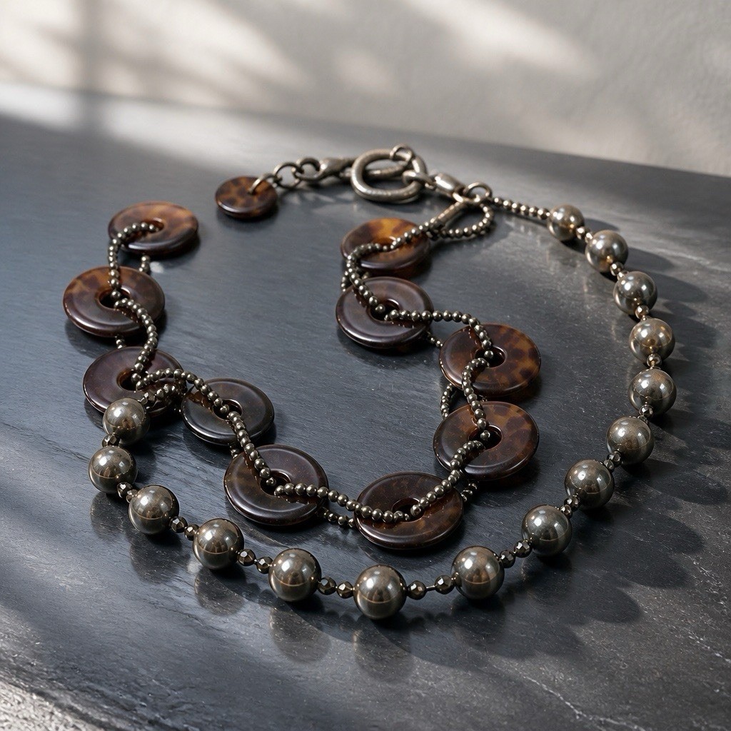 Brown Gray Beaded Necklace, Plastic Metal Ball/Bead Chain, Toggle Closure