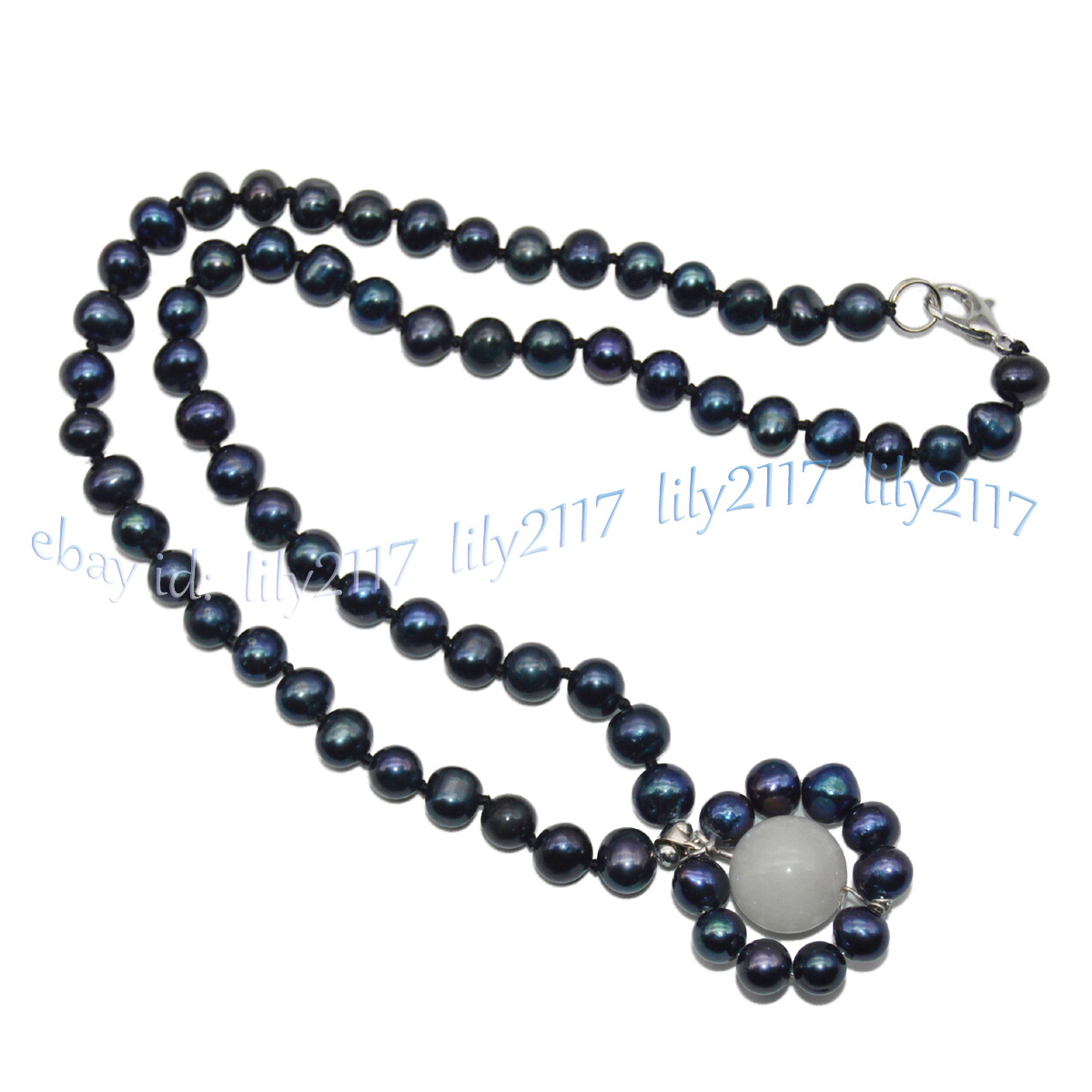Natural 6-7mm Black Freshwater Pearl Round White Jade Gems Pendant Necklace 18”