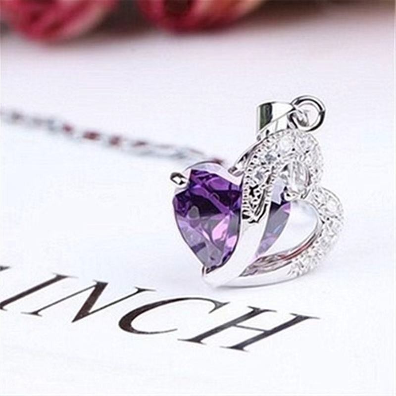 Fashion Women Heart Crystal Rhinestone 925 Silver Chain Pendant Necklace Charm