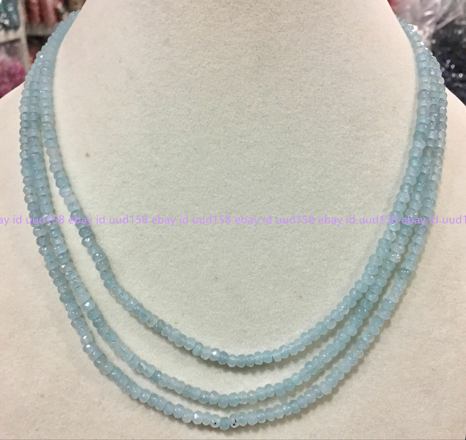Genuine Natural 3 Rows 2X4mm Faceted Blue Aquamarine Beads Necklace 17-18.5”