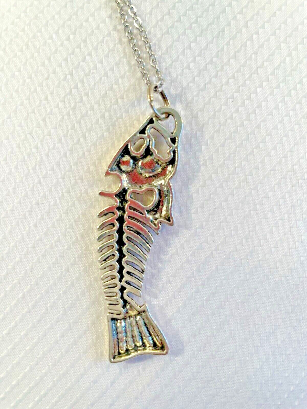 Fish Bone Silver Pendant Necklace 20” Stainless Chain Coastal Sea Jewelry NEW