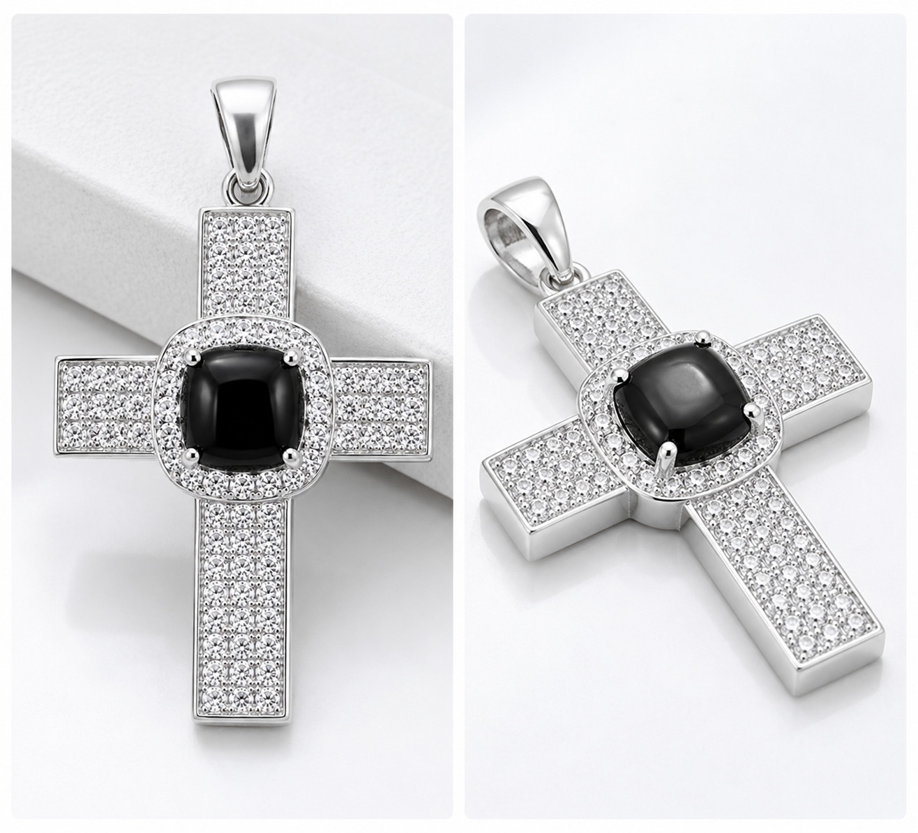 925 Sterling Silver Black Onyx Cross Pendant Cushion CZ Pave Christian Charm