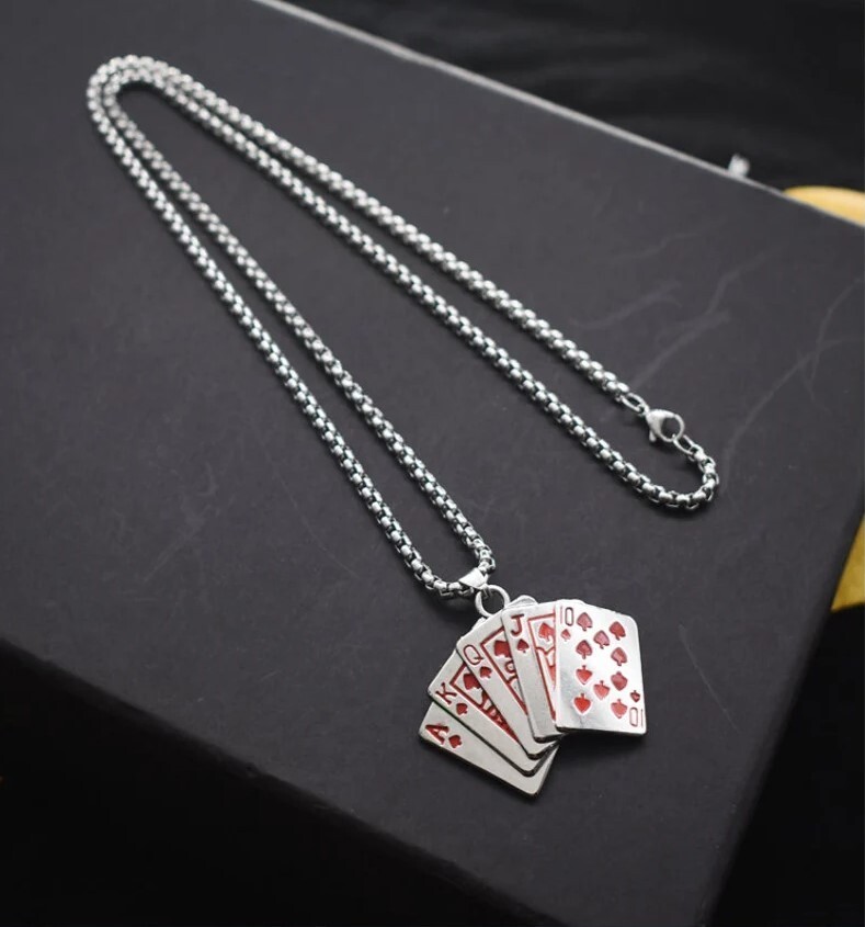 Royal Flush Necklace – Red Hearts, Stainless Steel Poker Pendant, Gambling