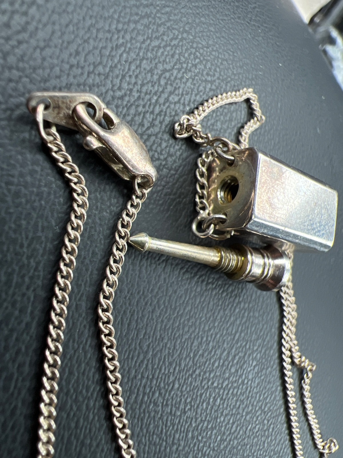 Vintage Silver Plate Miniature Perfume Bottle Pendant w/ Dauber, Long Chain