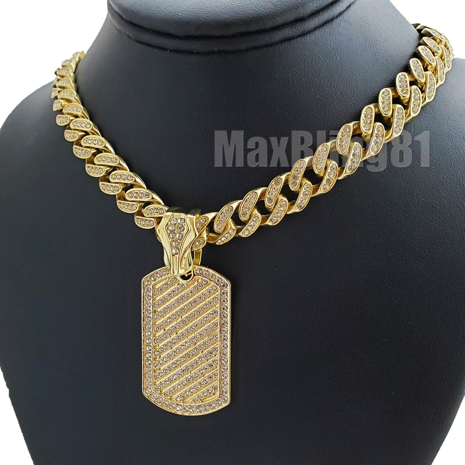 Gold PT Dog Tag Pendant 12mm 16″ 18″ 20″ 24″ Iced Cuban Box Lock Chain Necklace