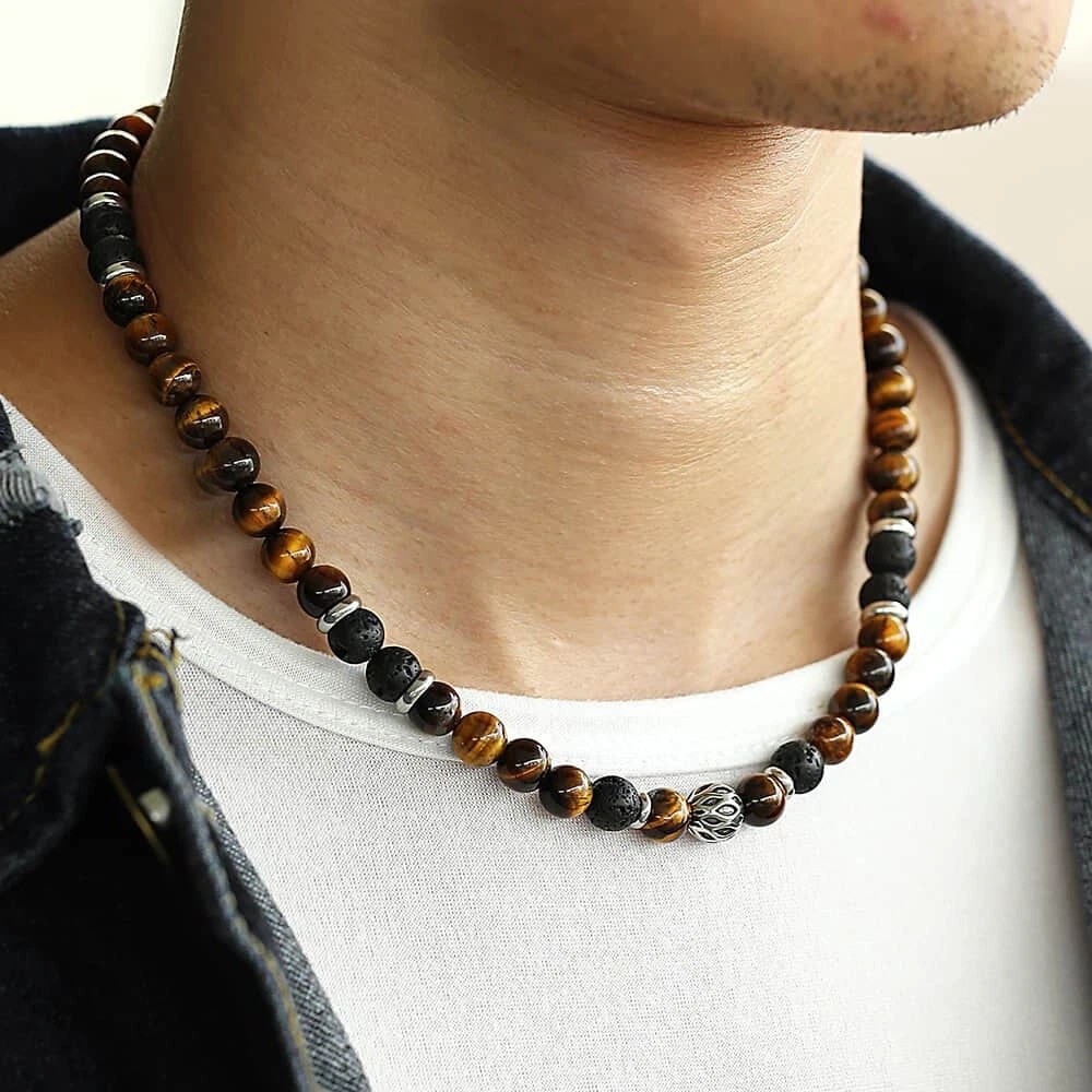 24″ Men’s Tiger Eye Necklace 8mm Natural Lava Beads Stainless Steel Toggle US