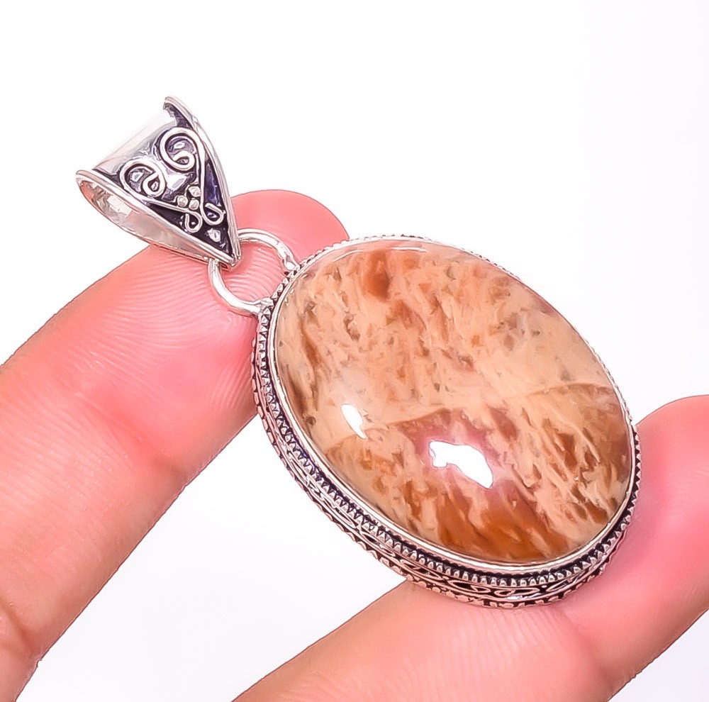 Natural Fine Art Coffee Bean Jasper 925 Silver Plated Bali Pendant 2.22″ P4196