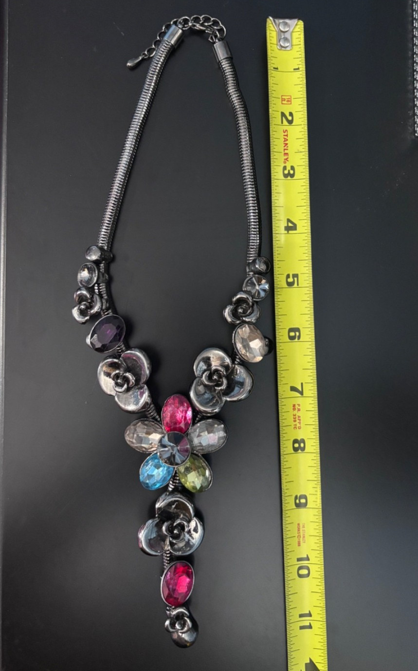 VTG Gunmetal Gray Snake Chain Choker Floral Statement Necklace Multicolor Stones