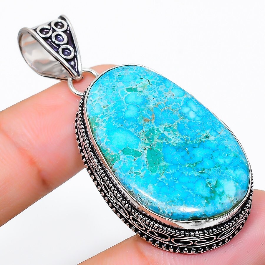 Tibetan Turquoise Gemstone Handmade 925 Sterling Silver Jewelry Pendant 2.05″