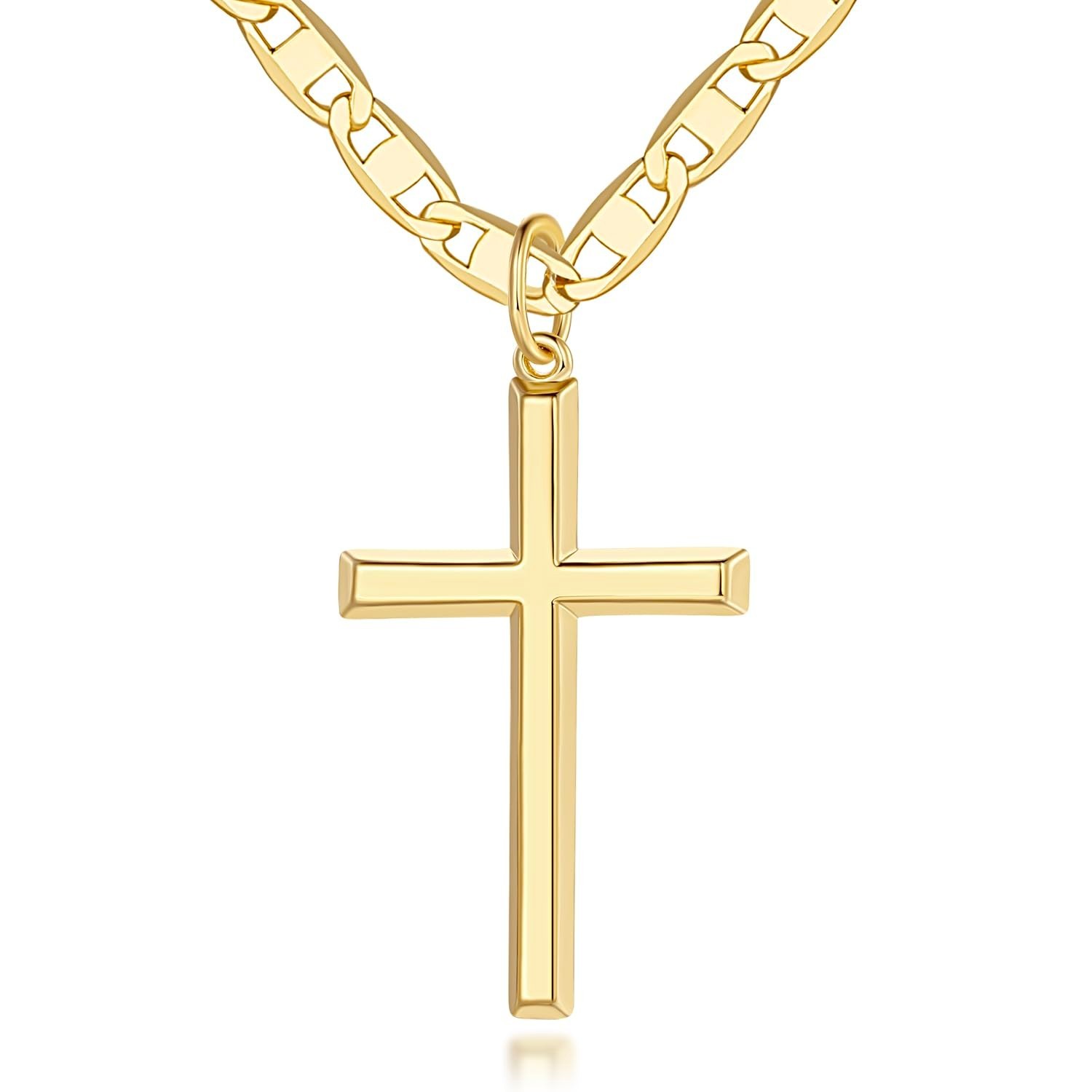 14K Gold Cross Necklace for Women, Figaro Chain Pendant, 19″ Mariner Style, Masc