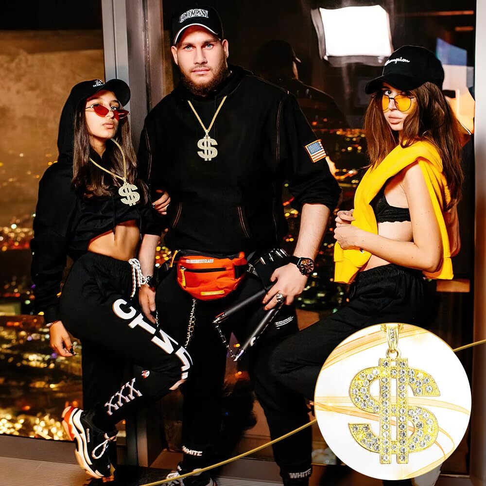Hip Hop Gold Chain Fake Dollar Sign Pendant Necklace for 80’s 90’s Outfit