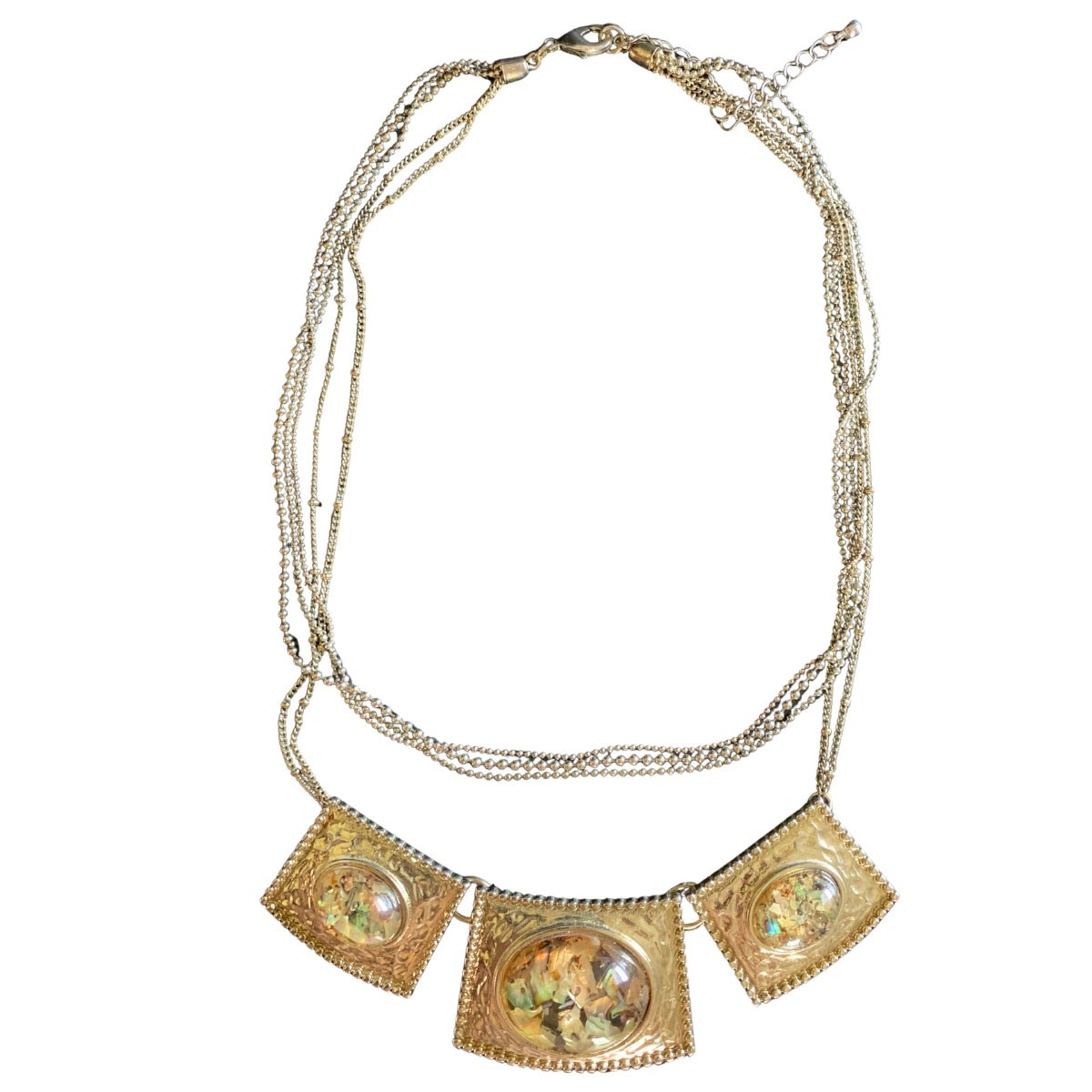 Gold Tone Multi Strand Necklace Abalone Confetti Shell Panel Statement