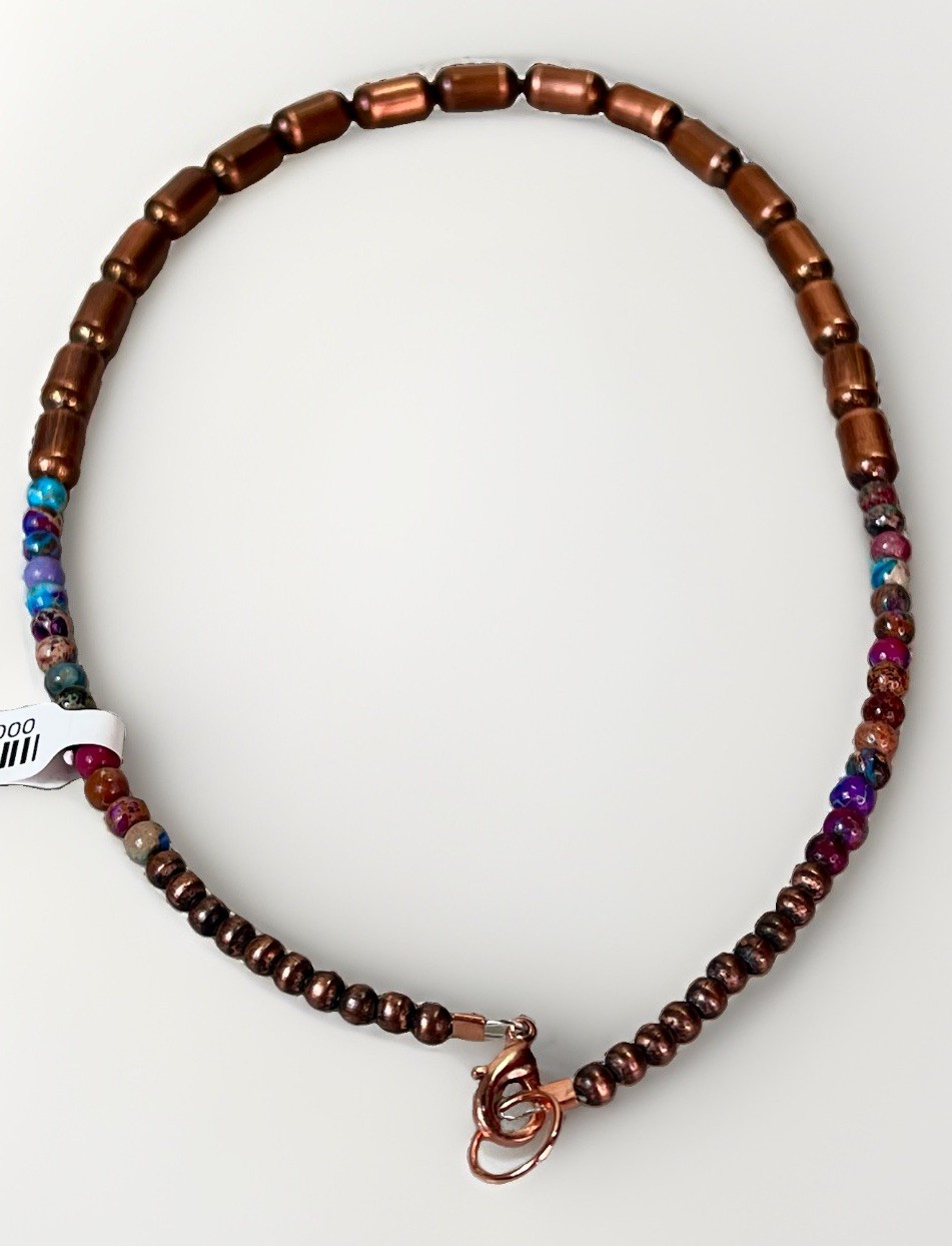 Sea Sediment Jasper Beaded Copper Barrel Bead Necklace Round Multicolor- 15 in