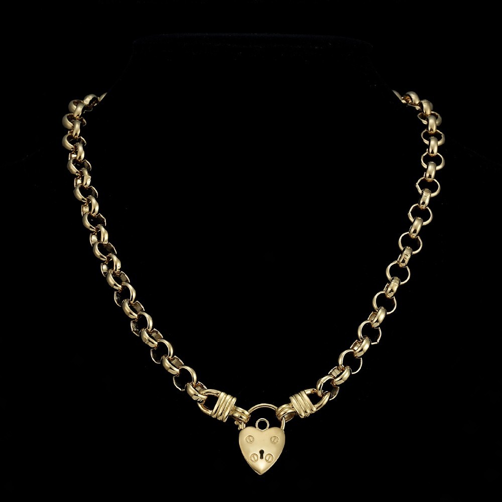 18K GL Thick Solid Rolo Yellow Gold Chain Necklace Classic Keyhole Heart Padlock