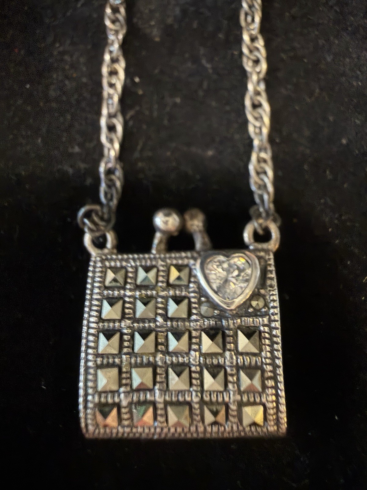 Silver Tone Square Marcasite Locket Pendant Necklace, Rope Chain, Love Theme