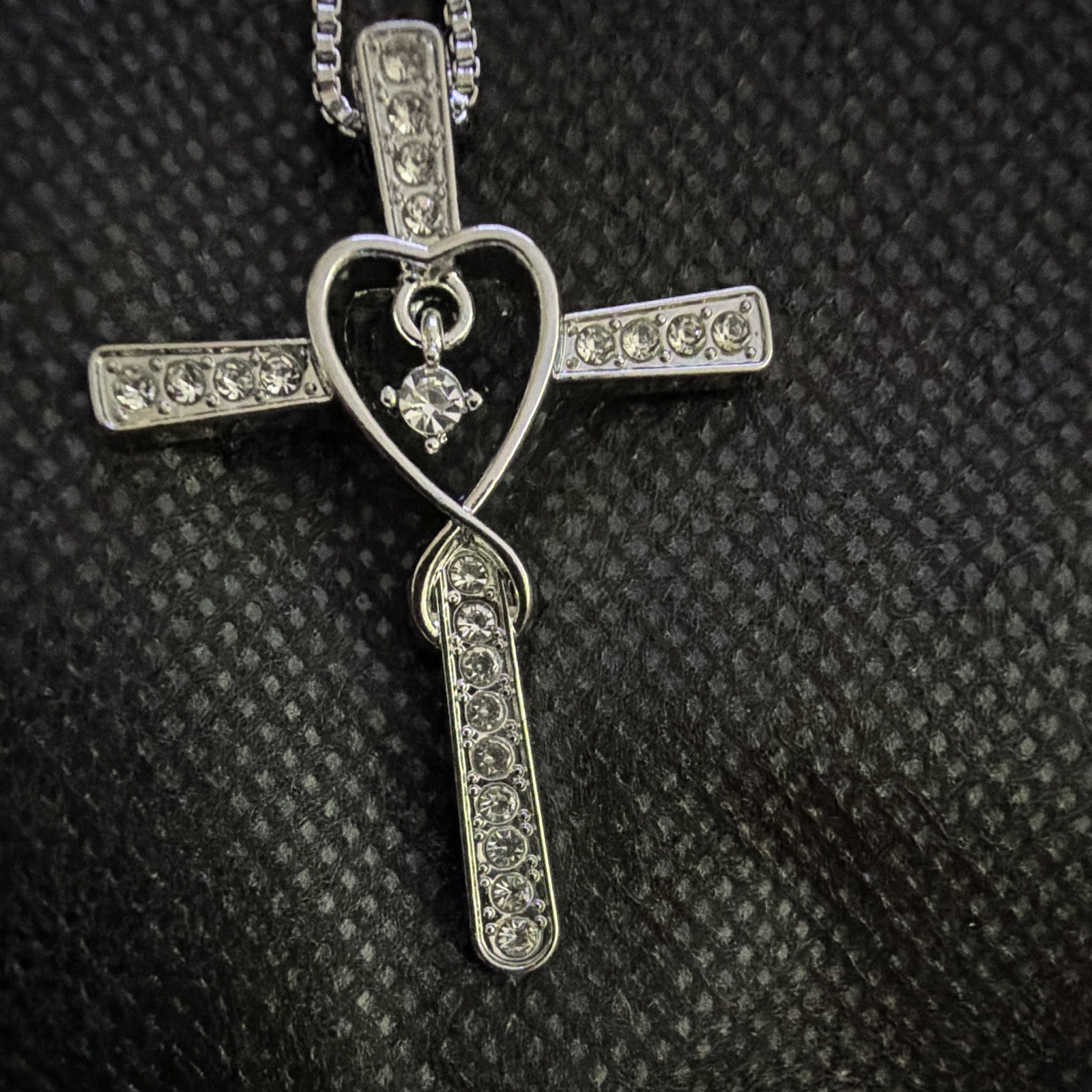 Silver Tone Cross Heart Rhinestone Pendant Necklace, Box Chain, Lobster Clasp