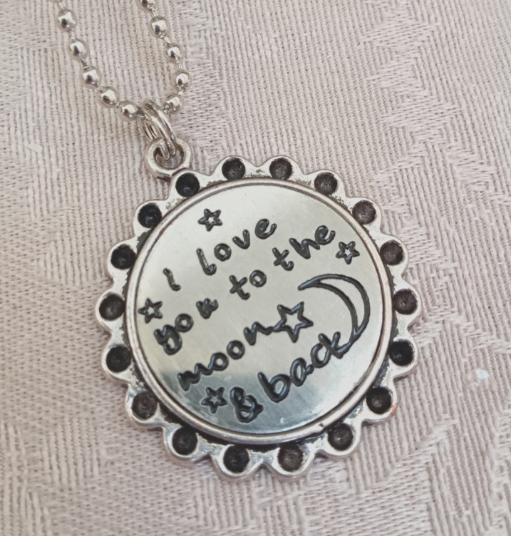 “I love you to the moon and back.” message necklace 18″ ball chain (upc21)