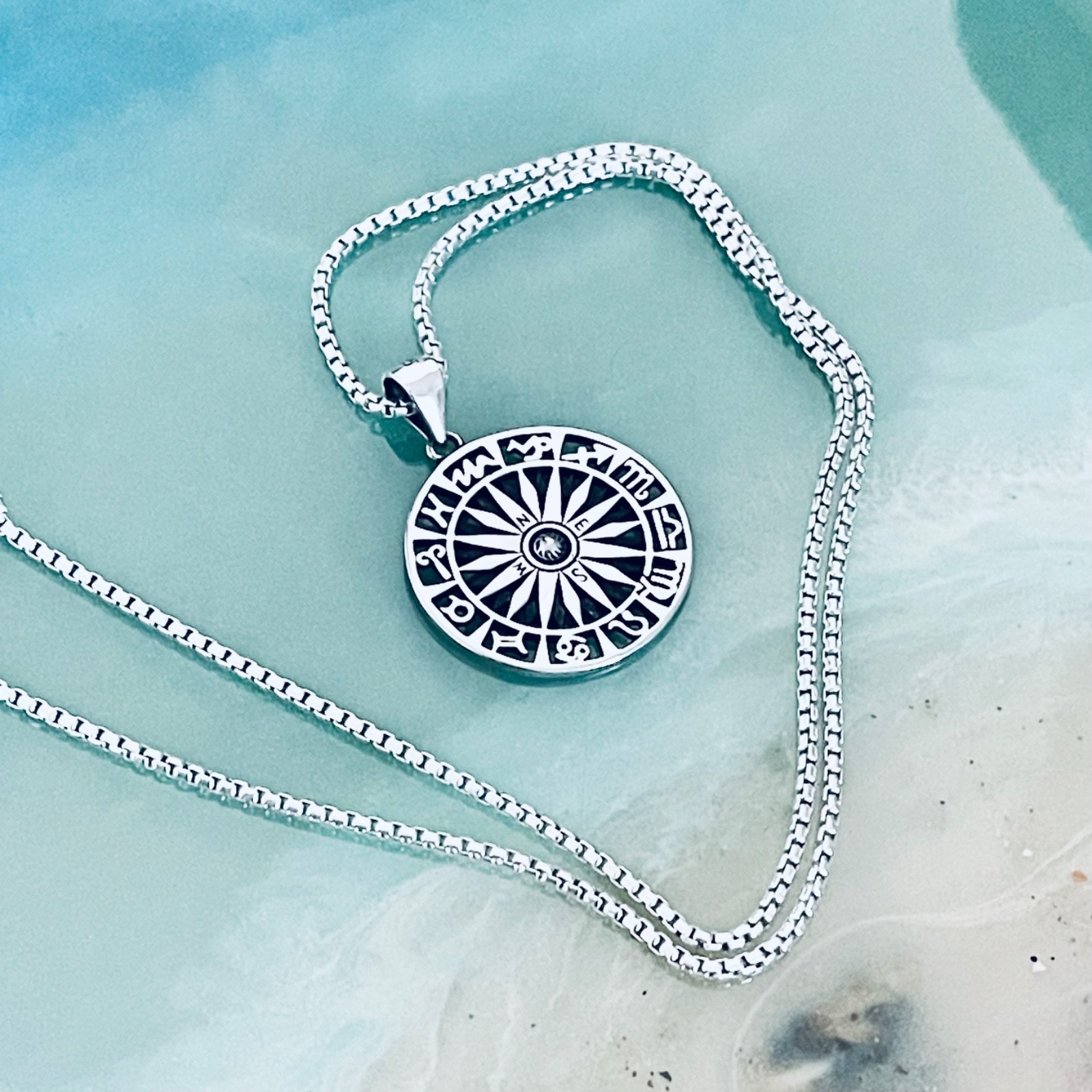 Sterling Silver Unisex Zodiac Wheel and Compass Necklace, Zodiac Signs Chain