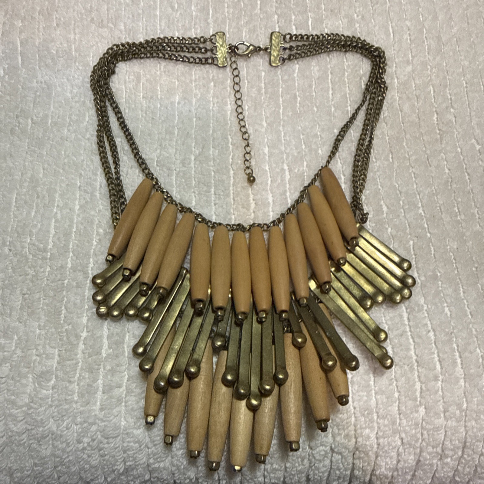 Y2K Boho Statement Necklace Brass and Wood Beads. 16″ Long