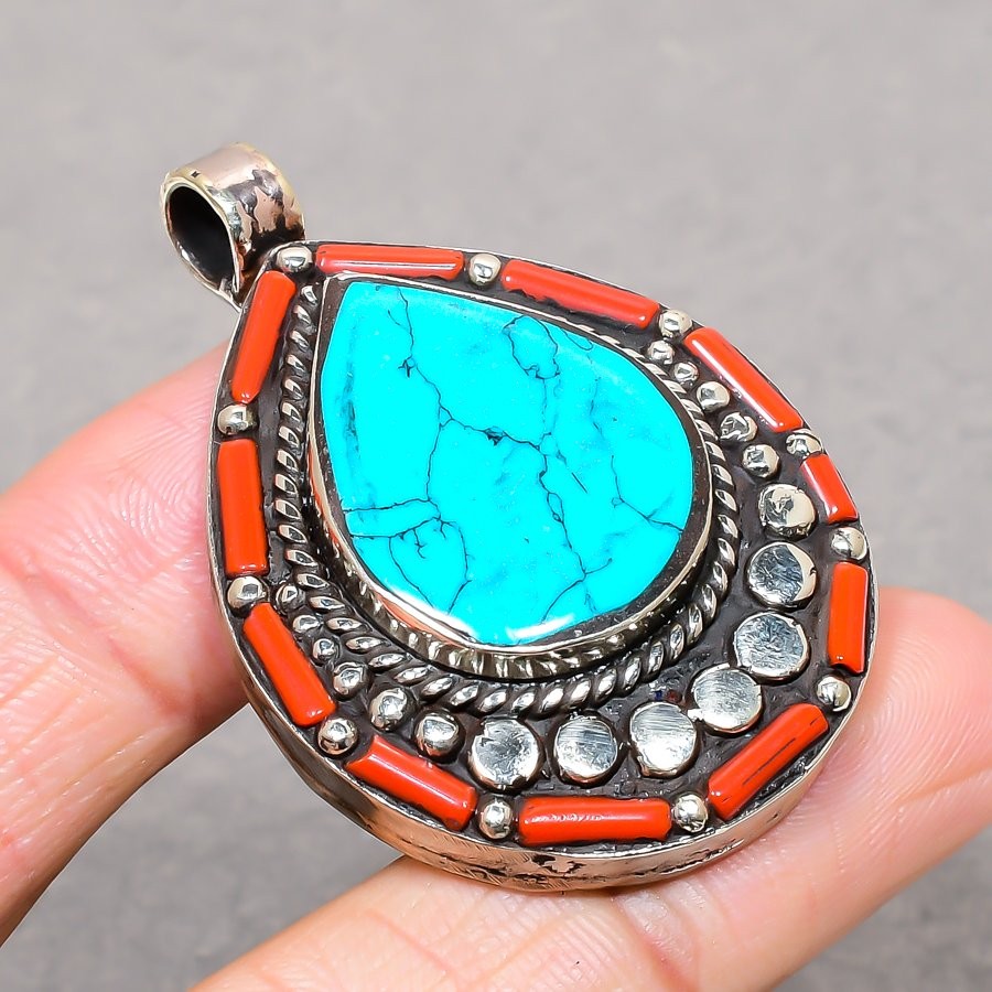 Turquoise Red Coral Gemstone Pendant Tibetan Handmade Nepali Jewelry 2″ NP 2236