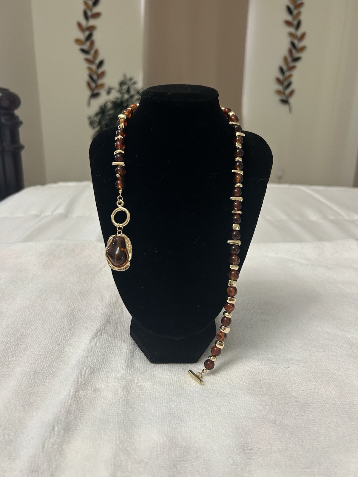 Brown Beaded Necklace Gold Tone Metal Oval Charm Pendant Toggle Bohemian