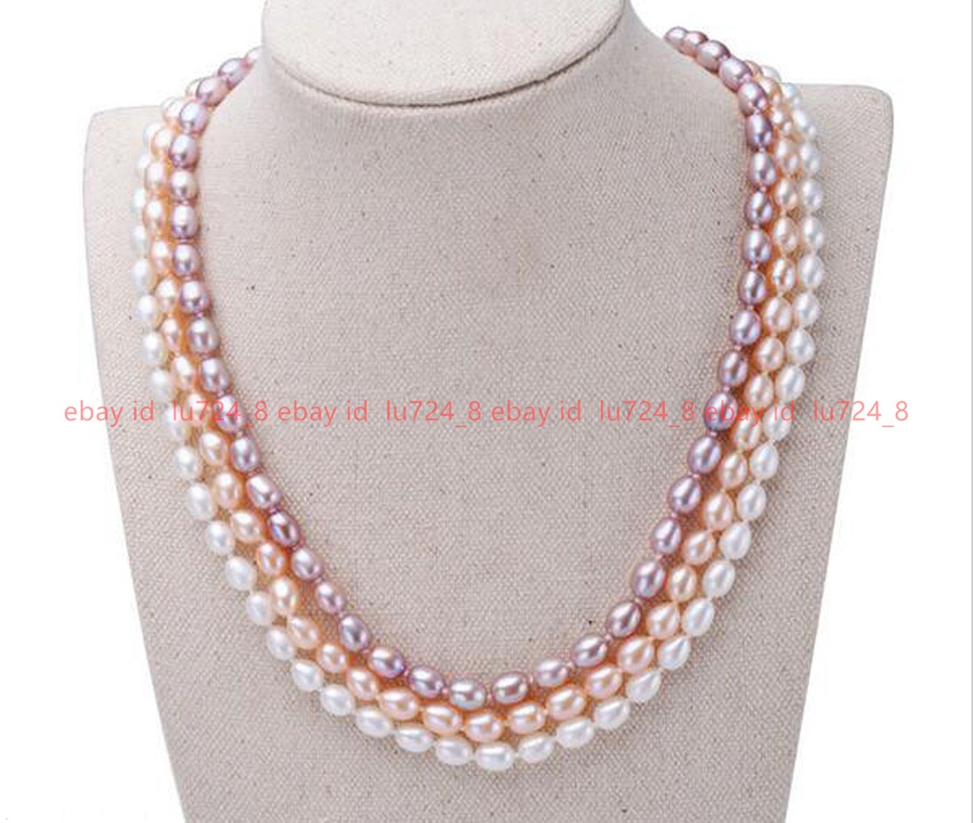 6-7mm 3 Rows Natural White Pink Purple Rice Freshwater Pearl Necklace 17-19”