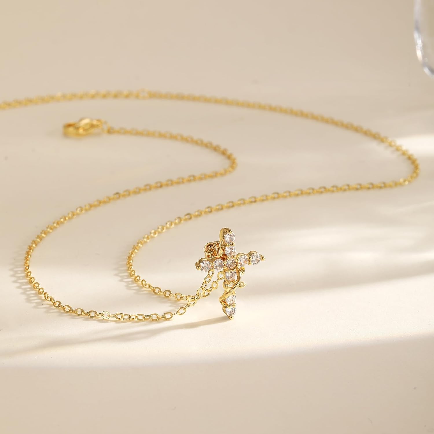 Gold Cross Necklace for Women Dainty 14K Gold Plated Diamond Cross Pendant Neckl