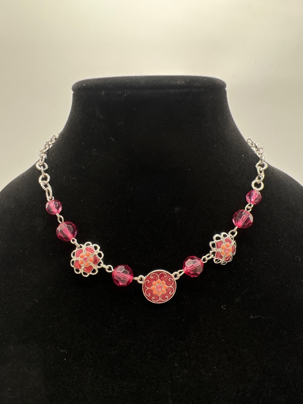 Elegant Pink Floral Mosaic Beaded Silver Chain Necklace