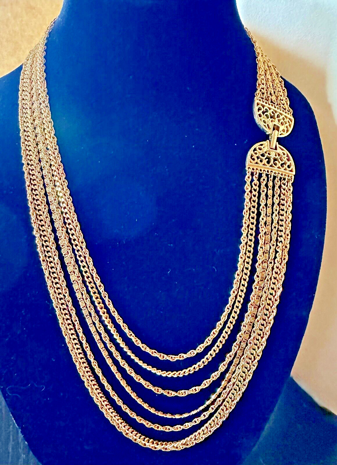 7 Strand Chain Necklace Ornamental Clasp Gold Tone Designer Style Statement