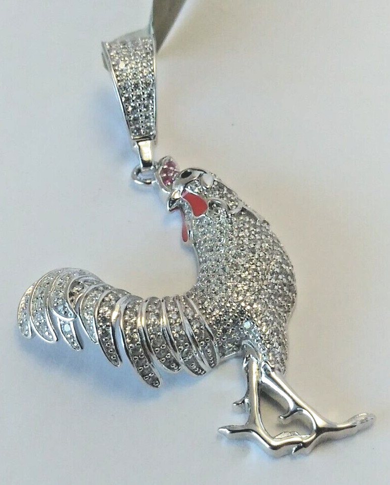 925 Sterling Silver Pendant LARGE Iced ROOSTER CHICKEN cubic zirconia CZ 48X26MM