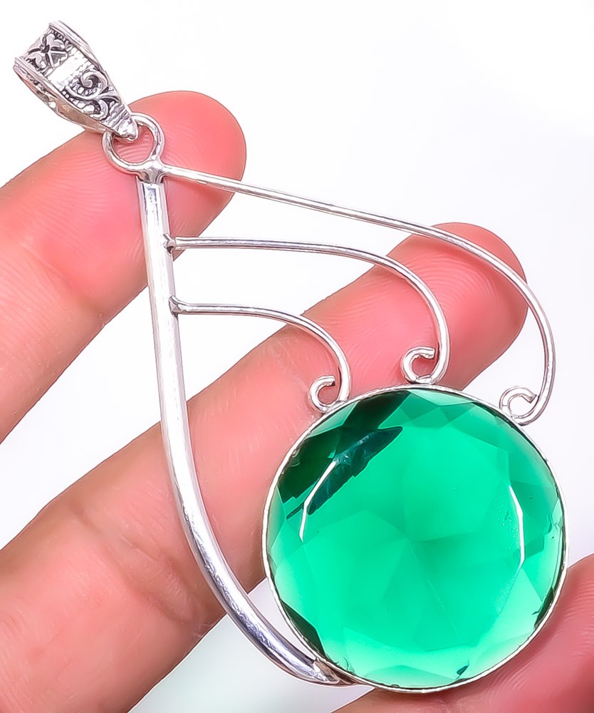 Emerald Quartz (Lab-Created) Gemstone 925 Silver Plated Pendant 3.12″ TP7785-288
