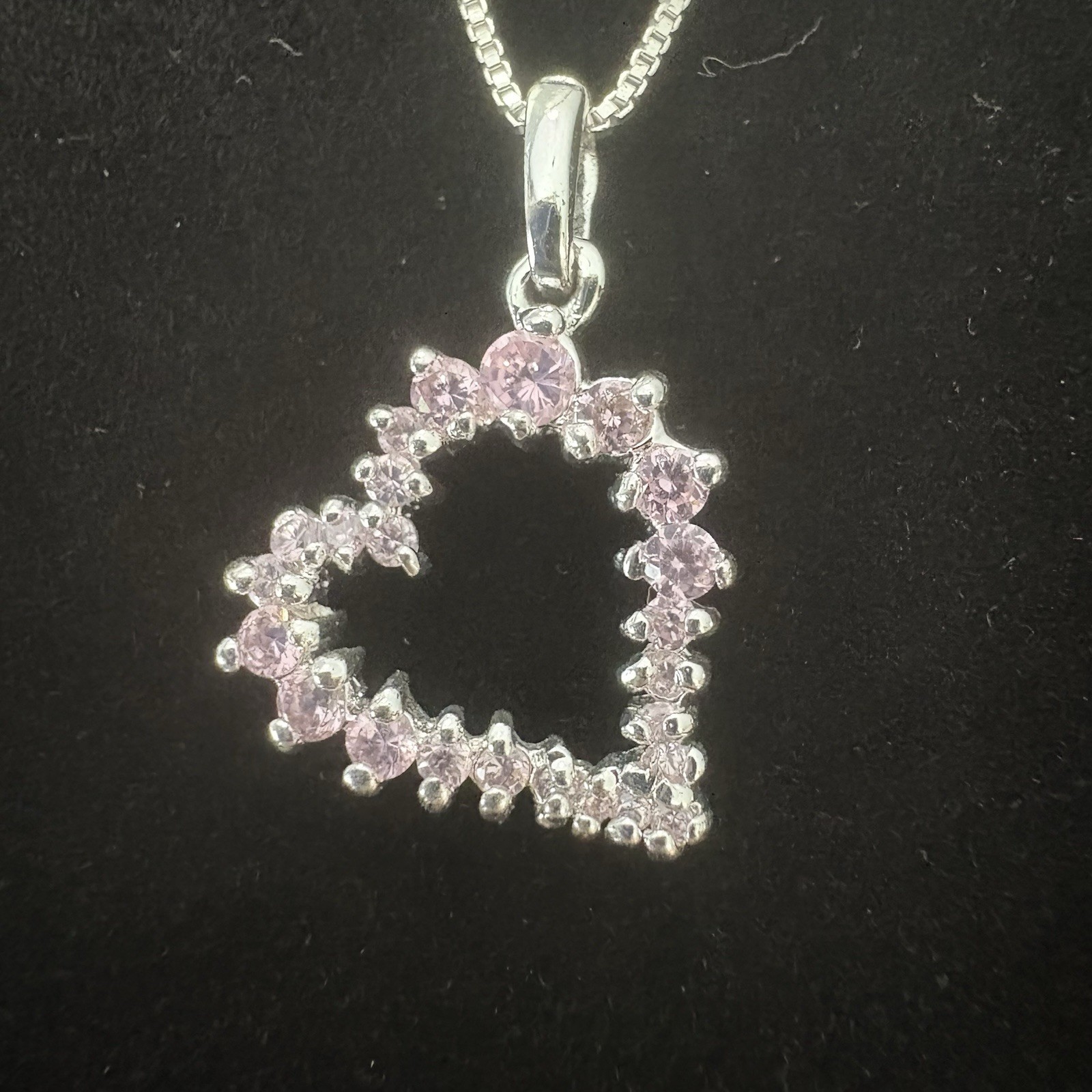 925 Sterling Silver Italy Box Chain Necklace Pink CZ Heart Pendant 18” Excellent
