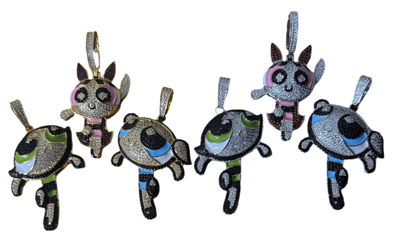 Rhodium Finish Powerpuff Girls Buttercup Cartoon Pendant Charm Necklace