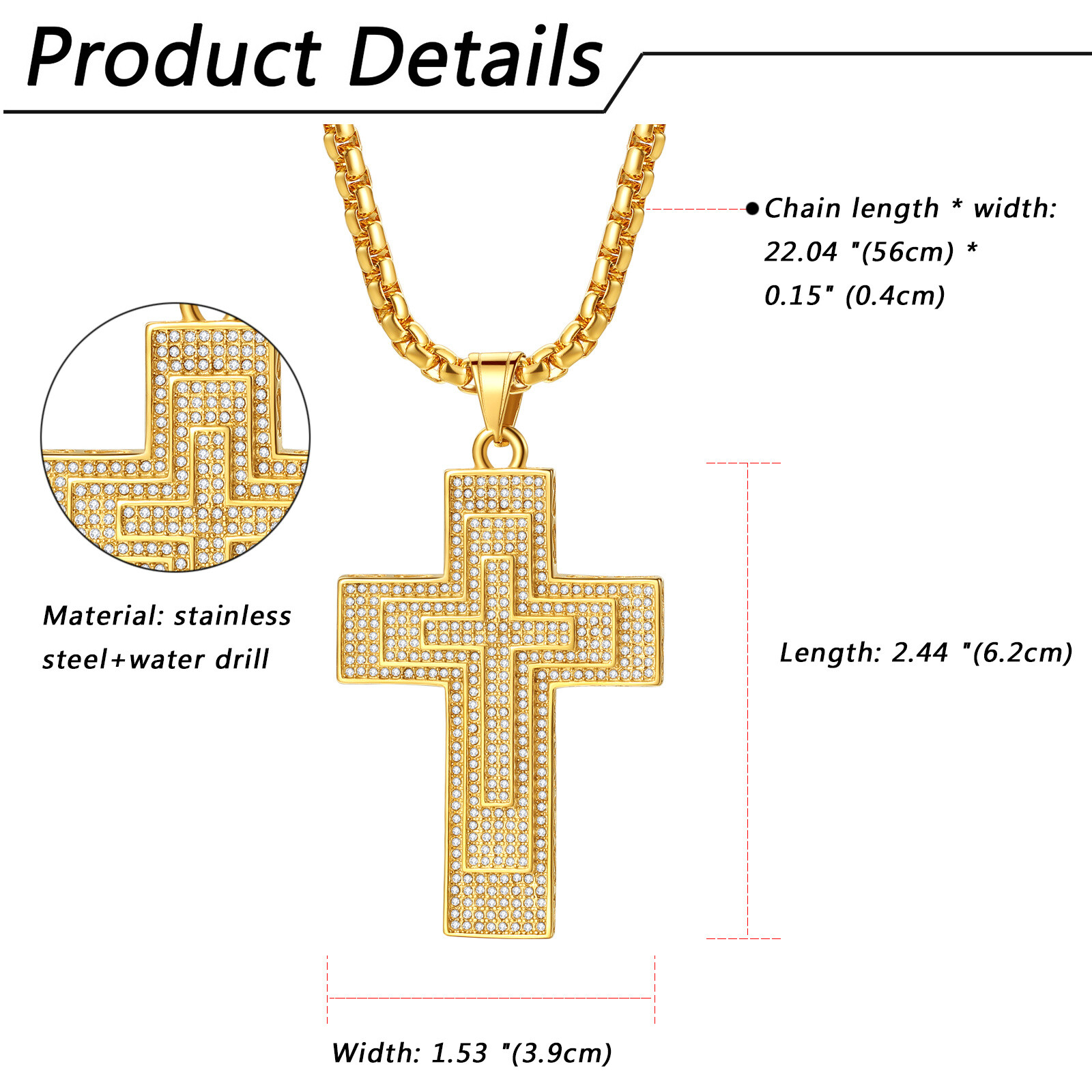 Mens Boys Hip Hop Large CZ Cross Stainless Steel Crucifix Pendant Necklace 22in
