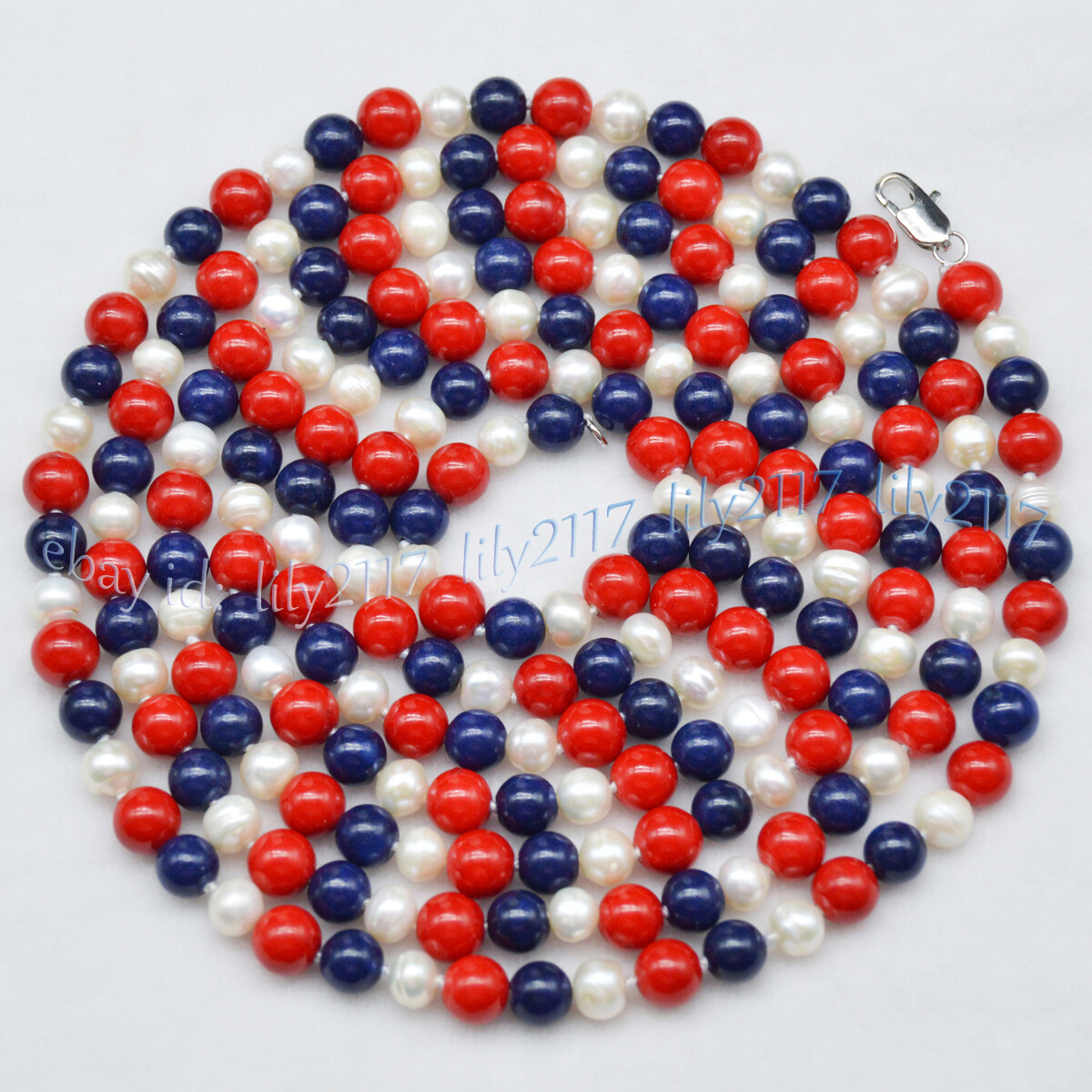 6-7mm White Pearl 8mm Red Coral Blue Lapis Lazuli Round Beads Necklace 22-100”