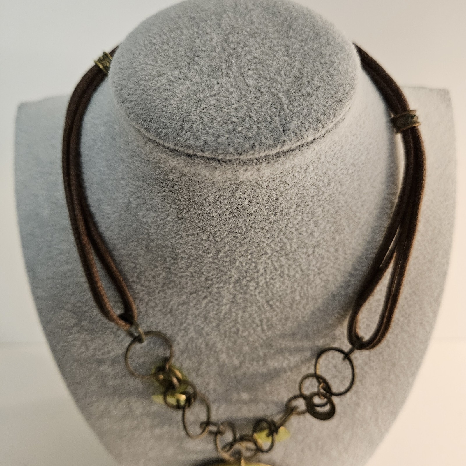 Coldwater Creek 17-19 Inch Green Brown Disc Metal & Cord Adjustable Necklace
