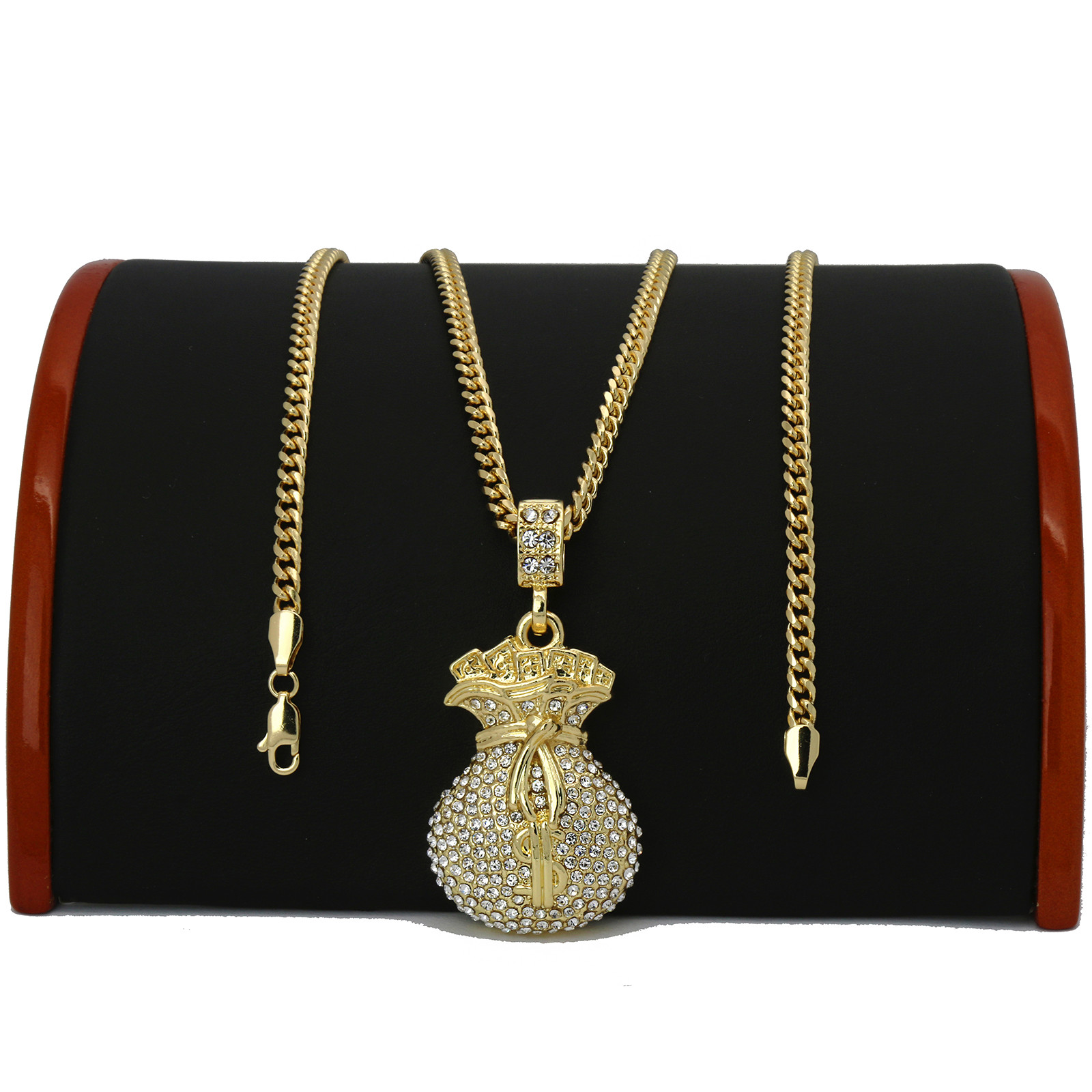 14k Gold Plated Cash Money Bag $ Cubic-Zirconia Hip-Hop Pendant Cuban Chain
