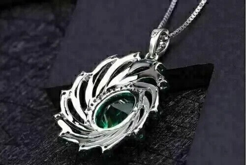2.20Ct Oval Cut Lab Created Emerald & Diamond Pendant In 14K White Gold Plated